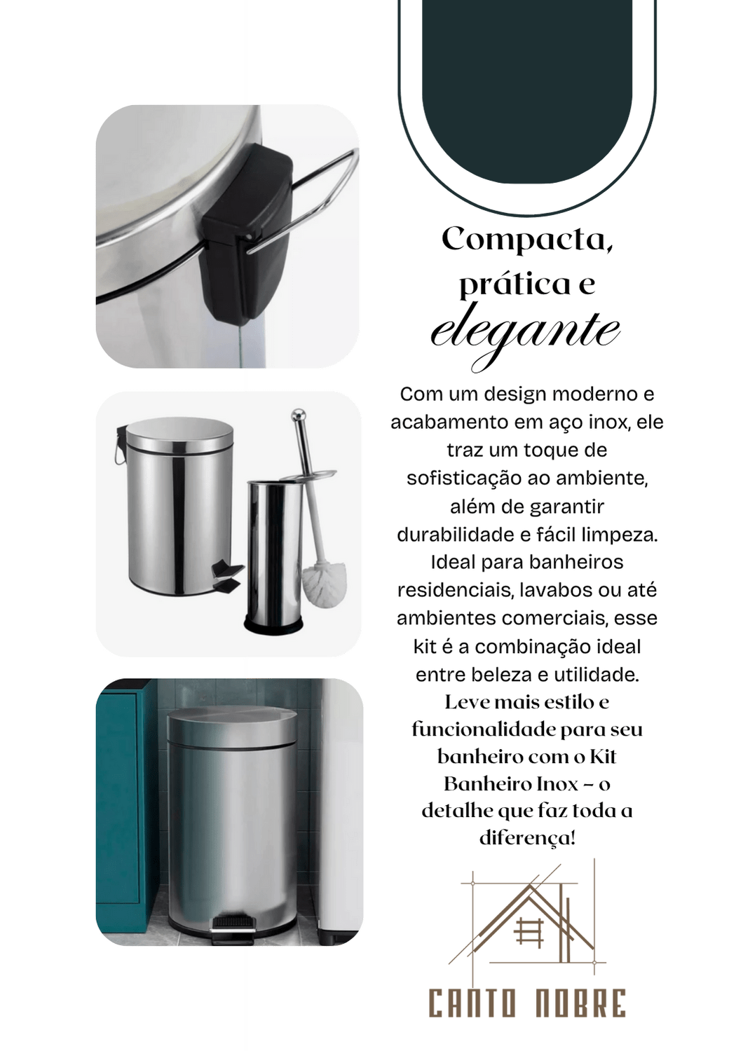 Kit Banheiro Inox – Lixeira 5L com Escova Sanitária Integrada